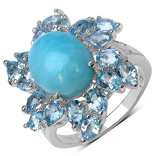 6.24 Carat Genuine Larimar & Blue Topaz .925 Sterling Silver Ring