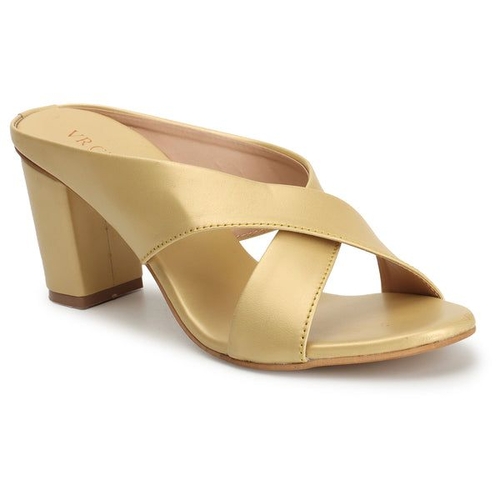Women Criss-Cross Strap Chunky Heeled Sandals (Size-36) (COLOR-GOLDEN)