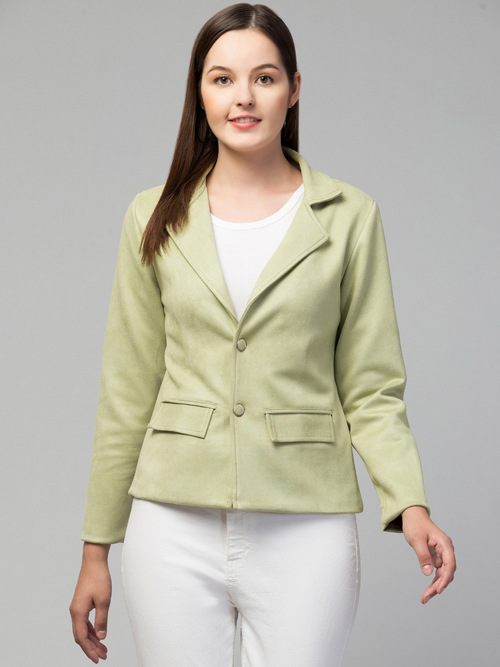 Women Classic Essential Linen Lapel Suede Jacket (Color Pista Green)