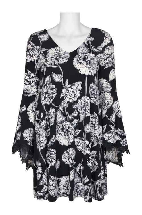 Nina Leonard V-Neck Long Sleeve Floral Print Cutout Back Stretch Crepe