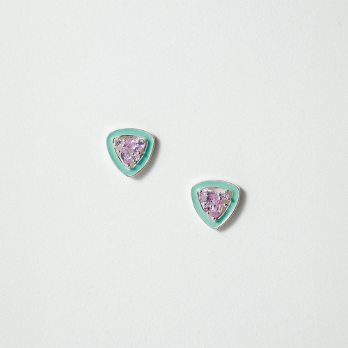 Green Enamel Stud Earrings, Pink Stone Earrings, Women Jewelry