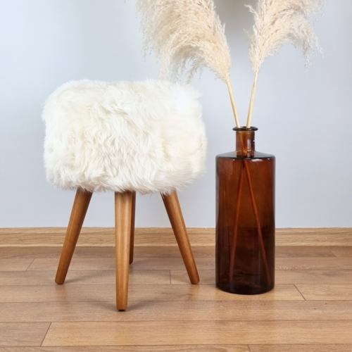 Creamy white genuine sheepskin stool with oak legs