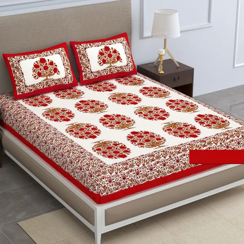 Red Jaipuri Cotton Double Badsheet with Two Pillow Cover (Size 90x100