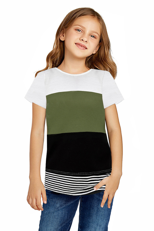 Green Parent-child Colorblock Striped Girls' T-shirt