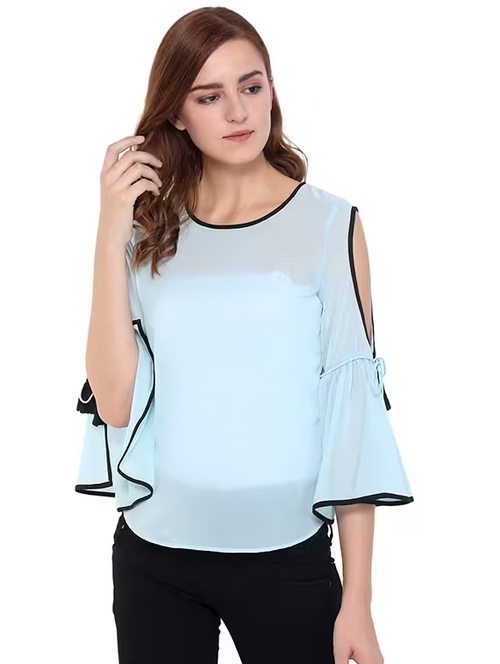 Women'S Ruffle Round Neck Top (Size-M) (Color-Light Blue)