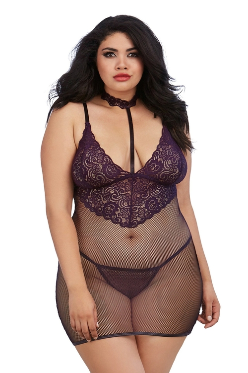 Chemise and G-String Set - Queen Size - Eggplant