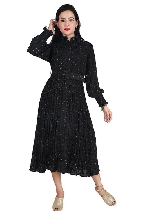 Women Pleated Polka Dots Black Dress