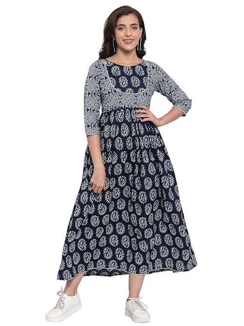 Cotton Paisley Flared Print A-Line Dress (Size-XL) (COLOR-BLUE)