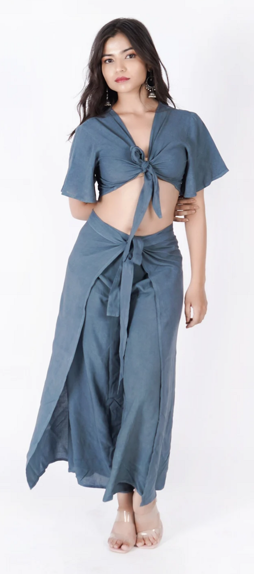 Women's Solid Summer Wrap Trouser & Blouse Set Dress (Color Grey)