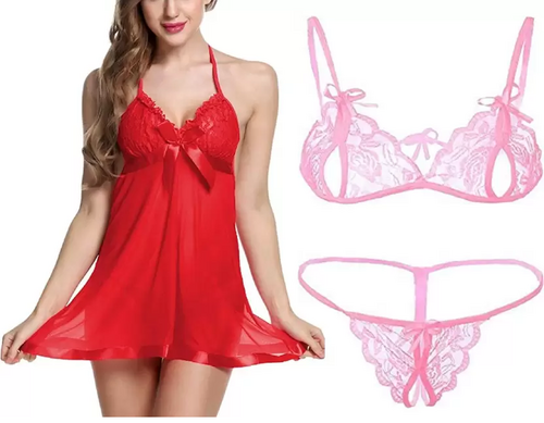 Women's Bra & Panty Set Self Design Red, Pink Lingerie Set (Size 34)