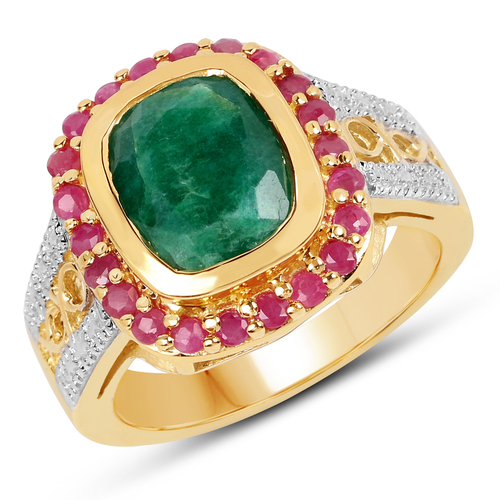 14K Yellow Gold Plated 4.80 ct. t.w. Dyed Emerald and Ruby Ring in