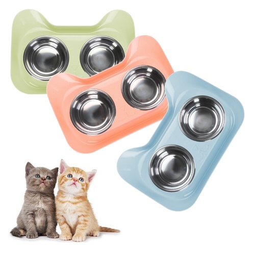 1PC Cute Double  Dog Bowls Plastic Stainless Steel