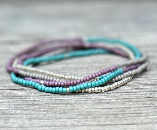 Purple, Green, Silver Color Vibes Beaded 5-Wrap Boho Bracelet