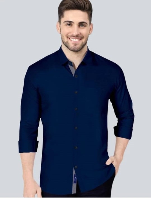 Dark Blue Men Slim Fit Solid Spread Collar Casual Shirt