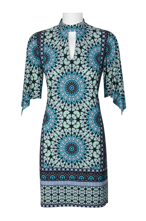 London Times High Neck Keyhole Asymmetrical Sleeve Multi Print Dress