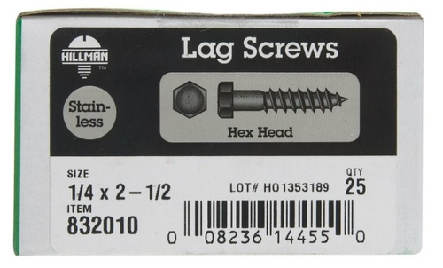 Hillman 832010 0.25 x 2.5 in. Hex Head Lag Bolt  Stainless Steel