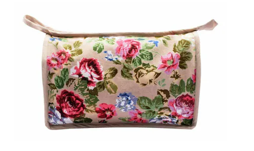 Beige Color Vintate Flower Cotton Cosmetic & Travel Pouch
