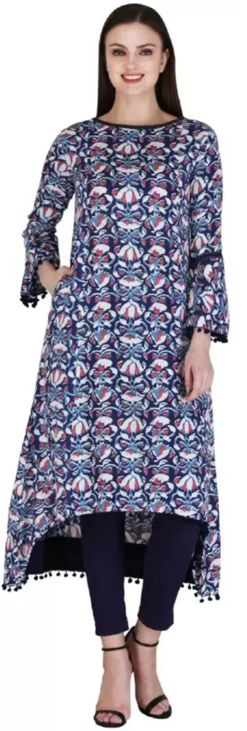 Women Printed Viscose Rayon A-line Kurta  (Blue) Size L