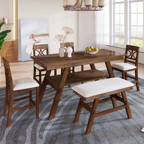 6-Piece Wood Counter Height Dining Table Set with Storage Shelf,