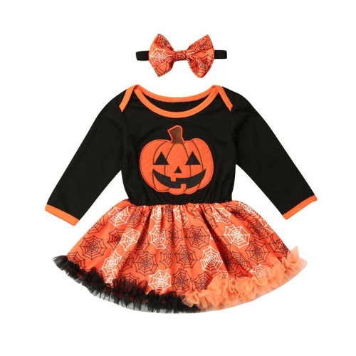 Cute Newborn Baby Girls Dress Pumpkin Print Lace