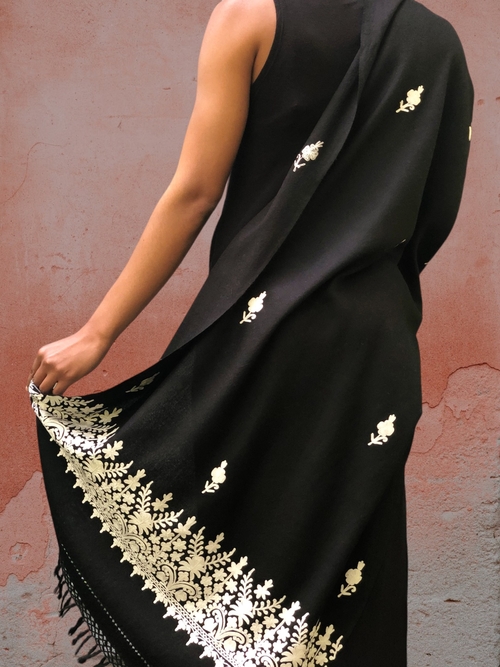 Black and White Embroidered Wool Wrap