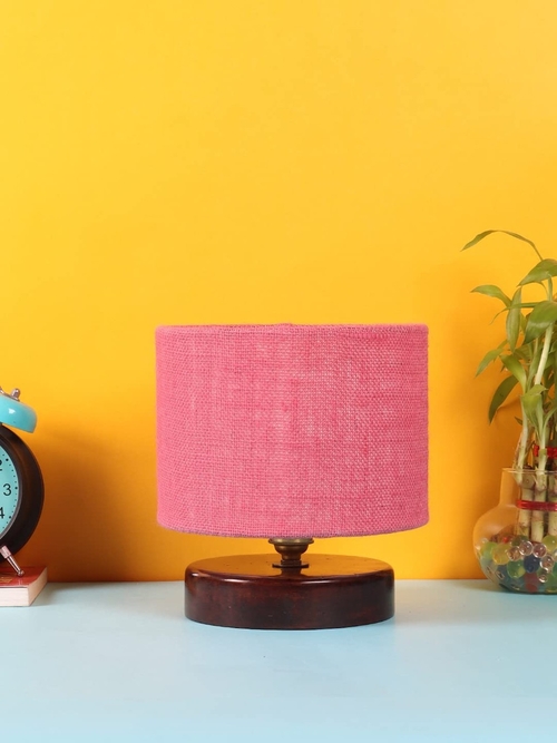 Pink Jute Table lamp with Wood Brown Base