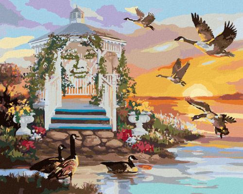 Zuty - Paint by Numbers - GAZEBO BY THE WATER (D. RUSTY RUST), 40x50