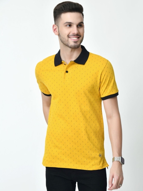 Men's Contrast Collar Printed Polo T-Shirt (Color Mustard) (Size L)