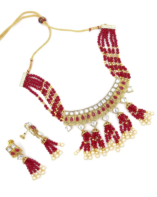 Gold-Plated Kundan-Studded Necklace & Earrings Set Maroon Beads