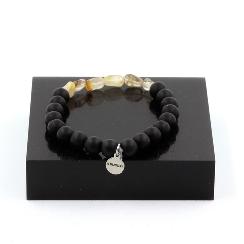 Golden Rutilated Quartz + Matte Black Onyx Bracelet 8 mm Beads.