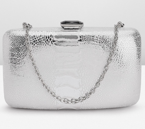 Women White and silver Snake Skin Textured Box Clutch
