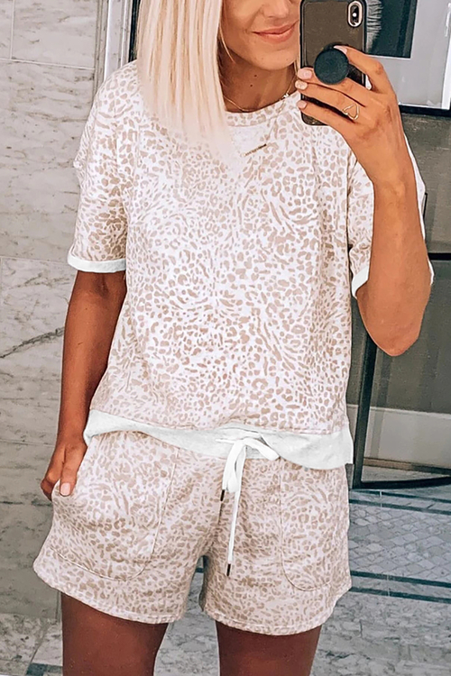 Leopard Print Tee and Drawstring Pocketed Shorts Lounge Set