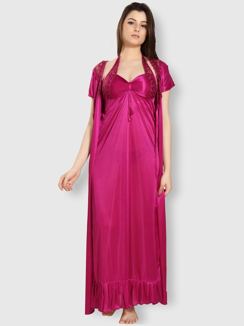 Romaisa Women's Satin Solid Magenta Maxi Length Nighty with Robe