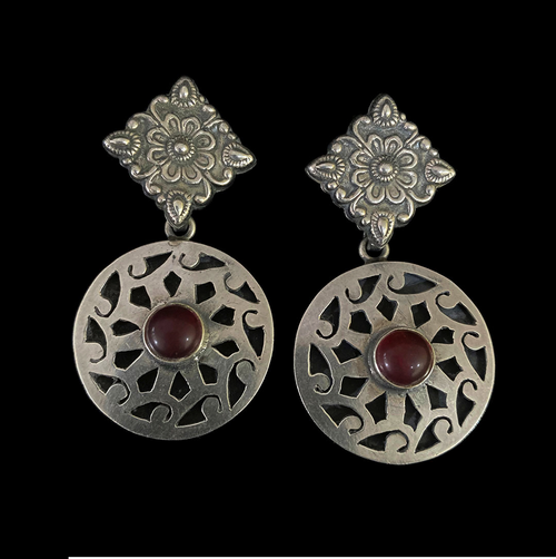 Silver Square Studs with Round Jaali And Brown Stone