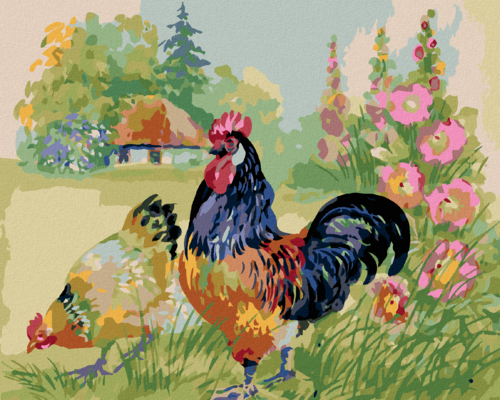 Paint by Numbers - ROOSTER AND HEN SURROUNDED BY FLOWERS