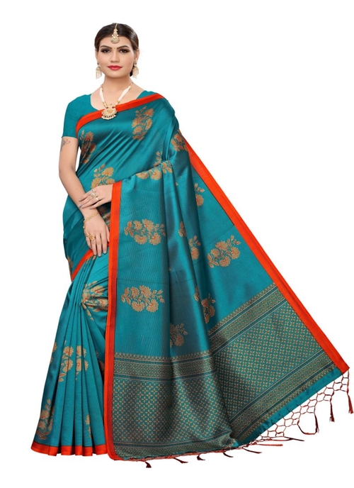 Generic Women's Art Silk Saree (Turquoise, 5-6