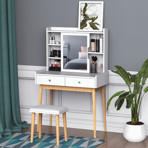 HOMCOM Vanity Table Set Dressing Table with 2 Drawers Cushioned Stool
