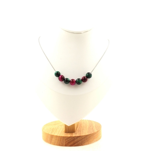 Green Tiger's Eye + Fuchsia Tiger's Eye 8 mm 7 beads necklace.