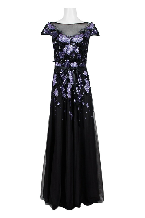 Theia Boat Neck Cap Sleeve Tie Waist Zipper Back Embellished Mesh