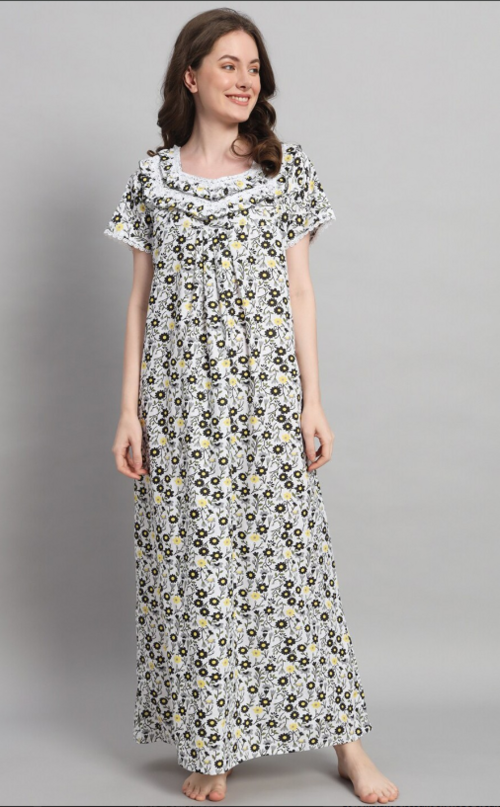 Women Floral Printed Square Neck Pure Cotton Maxi Nightdress