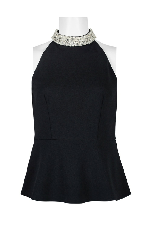 Adrianna Papell Embellished High Halter Neck Zipper Back Crepe Top