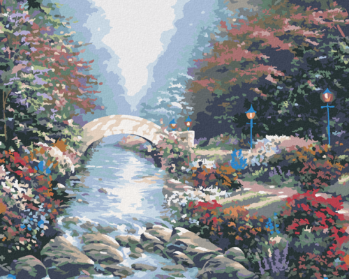 Zuty - Paint by Numbers - BRIDGE OVER THE RIVER, FOREST AND FLOWERS