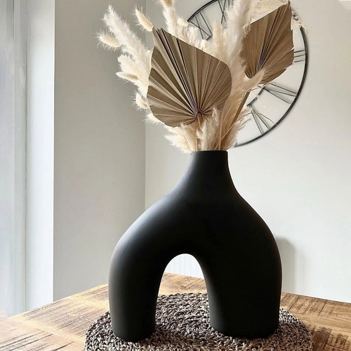 Ceramic Vase for Home Decor, Geometric Donut Vase, Black Vase, Boho