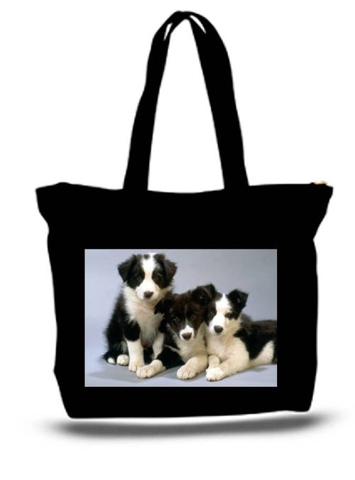 Puppies Black And White Border Collie Pups Large Tote Bag