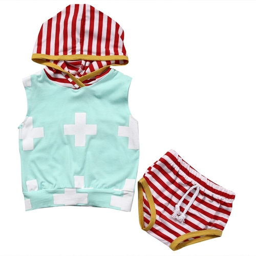 2 pcs Babies Stripes Sleeveless Hooded Clothing