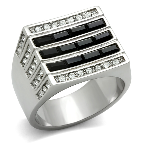 Men High Polished Stainless Steel Ring with Top Grade Crystal in Jet -