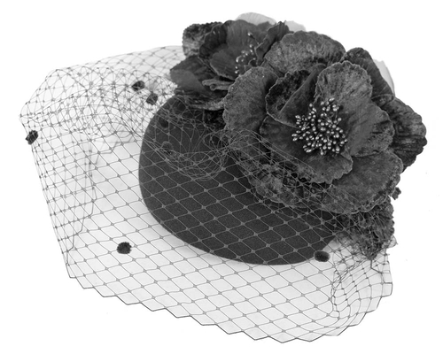 Black winter racing felt pillbox with flower and veiling