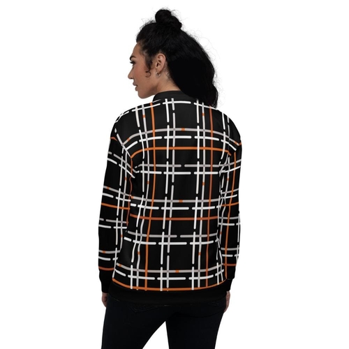 Womens Jacket - Black and Orange Tartan Style Bomber Jacket