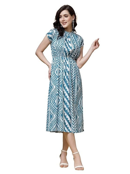 Geomatric Print Rayon Flared Dress (Size-S) (COLOR-SKY BLUE)