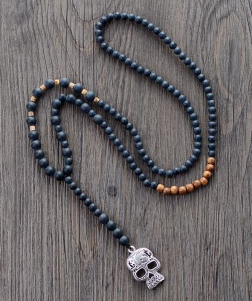 Men Gothic Necklace Matte Black Onyx Wood Skull